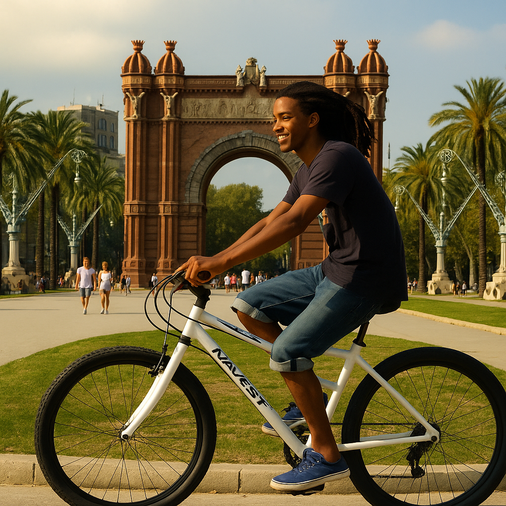 Happy guy riding a Happy Rental Bike near arc de triomf in a urban bike