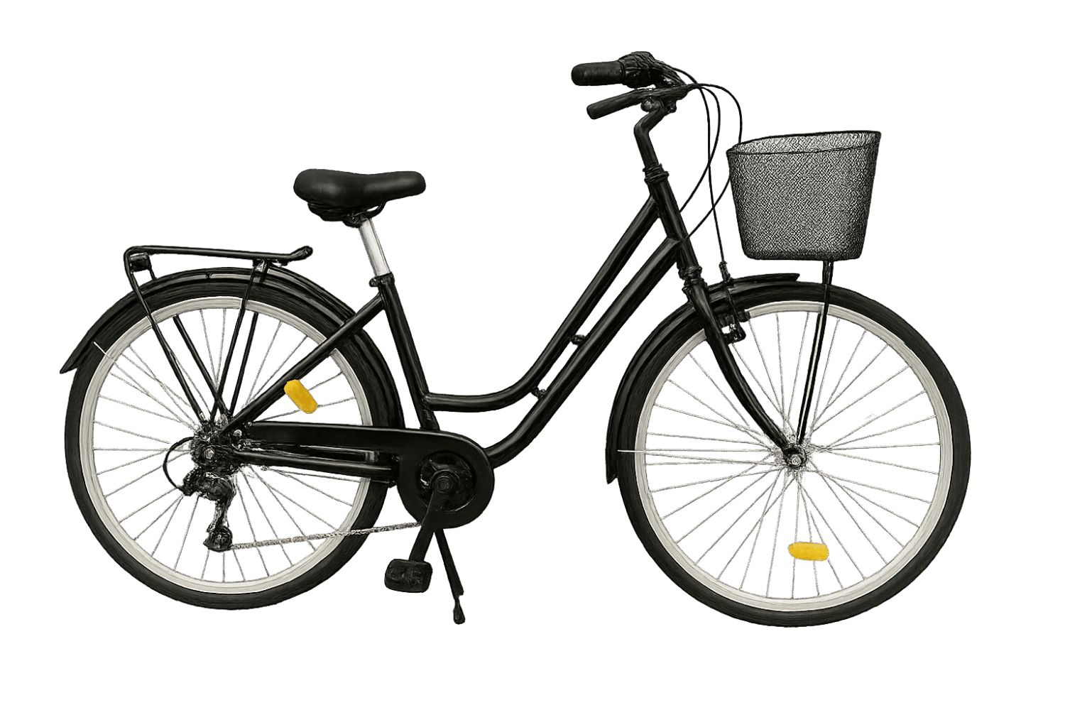 a black bicycle with a basket on the back